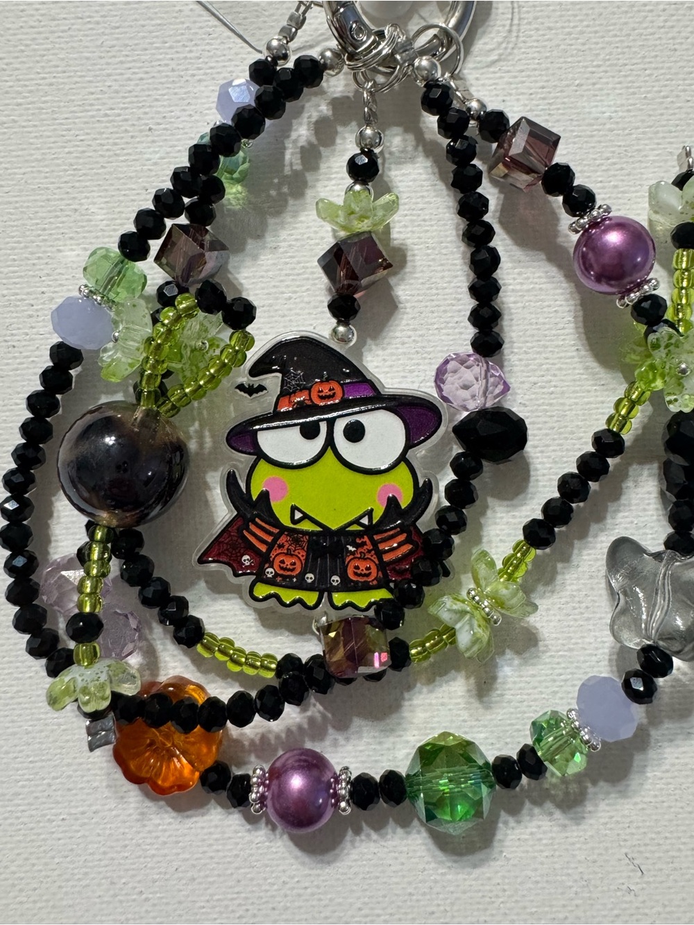 Halloween Sanrio Kuropi Witch Beaded Phone Charm - Green & Black